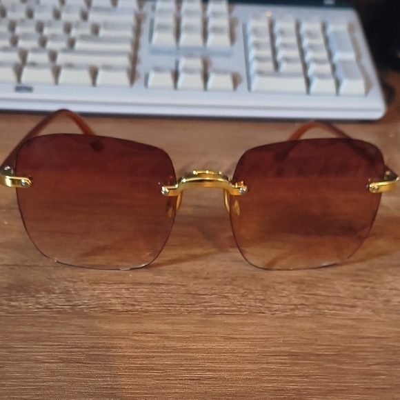 Diamond Cut Rimless Sunglasses | Y2K Brown Gradient Beveled Lenses | NEW - Picture 5 of 6